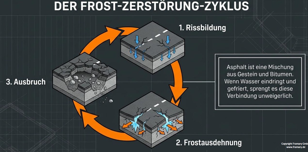 Frostzyklus Beschädigung Asphalt