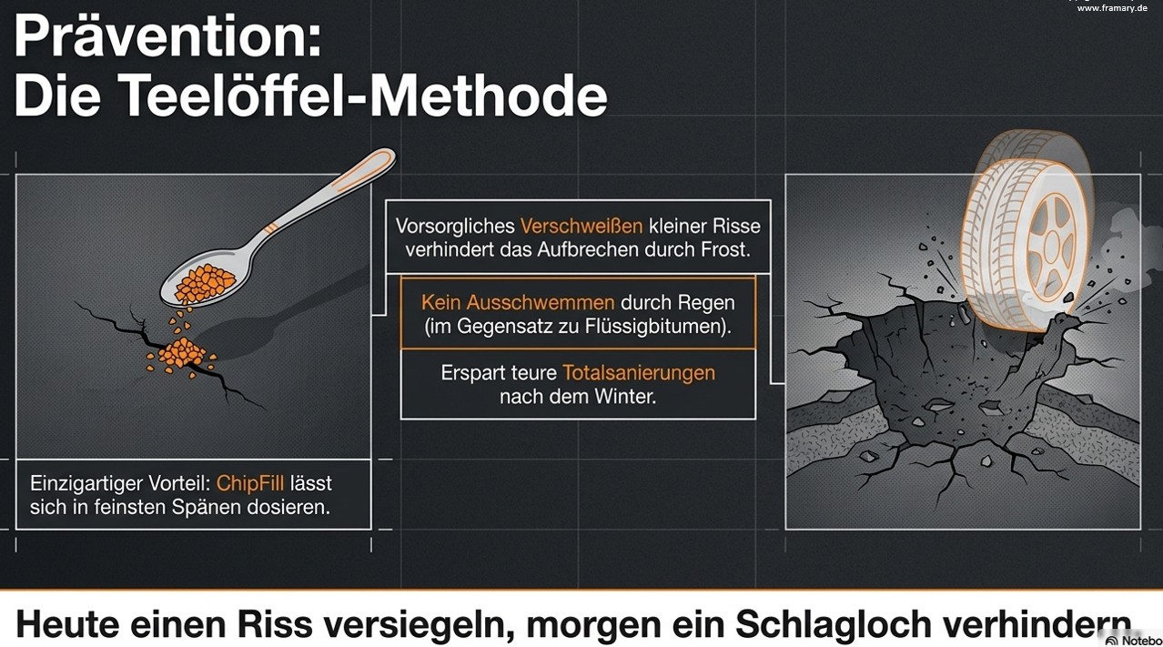 Feine CHIPFILL-Späne lassen sich teelöffelweise in Asphaltrisse einfüllen
