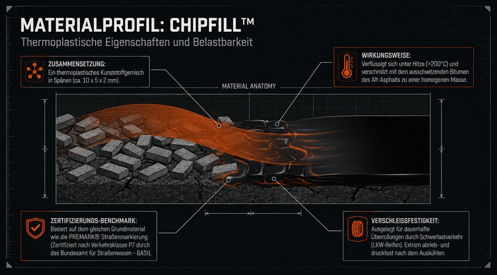 Materialprofil von CHIPFILL®: thermoplastische Späne, die unter Hitze über 200 °C schmelzen und mit dem ausschwitzenden Bitumen des Alt-Asphalts zu einer homogenen, wasserdichten Masse verschmelzen; verschleißfest nach Verkehrsklasse P7.