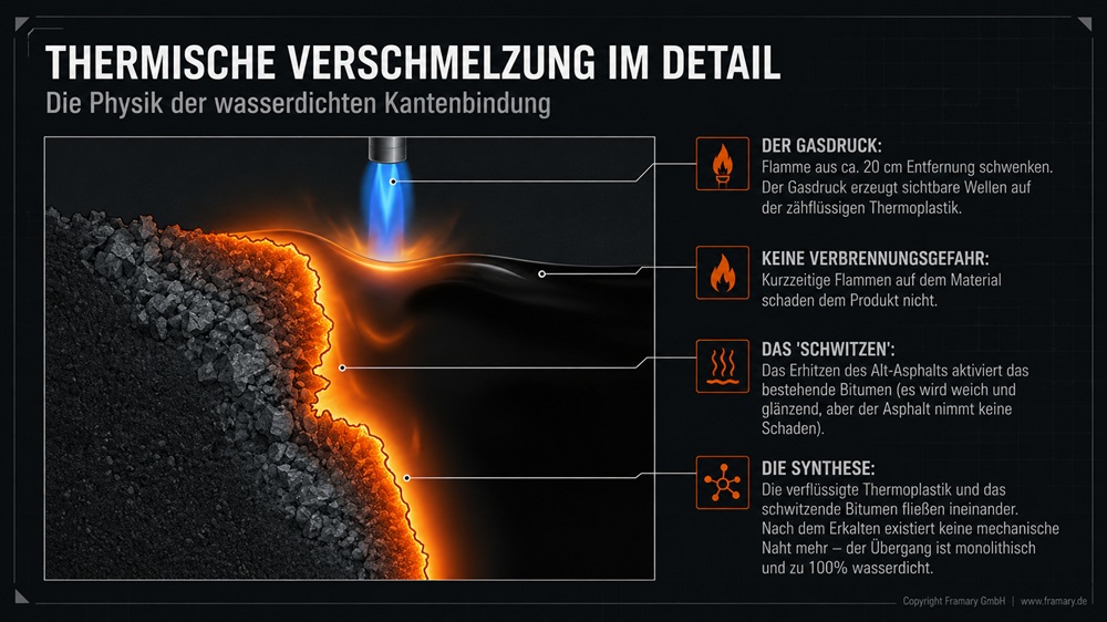 Detailgrafik zur thermischen Verschmelzung von CHIPFILL®: Ein Gasbrenner erhitzt die zähflüssige Thermoplastik, das Bitumen des Alt-Asphalts schwitzt aus, beide Stoffe fließen ineinander und bilden nach dem Erkalten eine monolithische, zu 100 % wasserdichte Naht ohne mechanische Trennfuge.