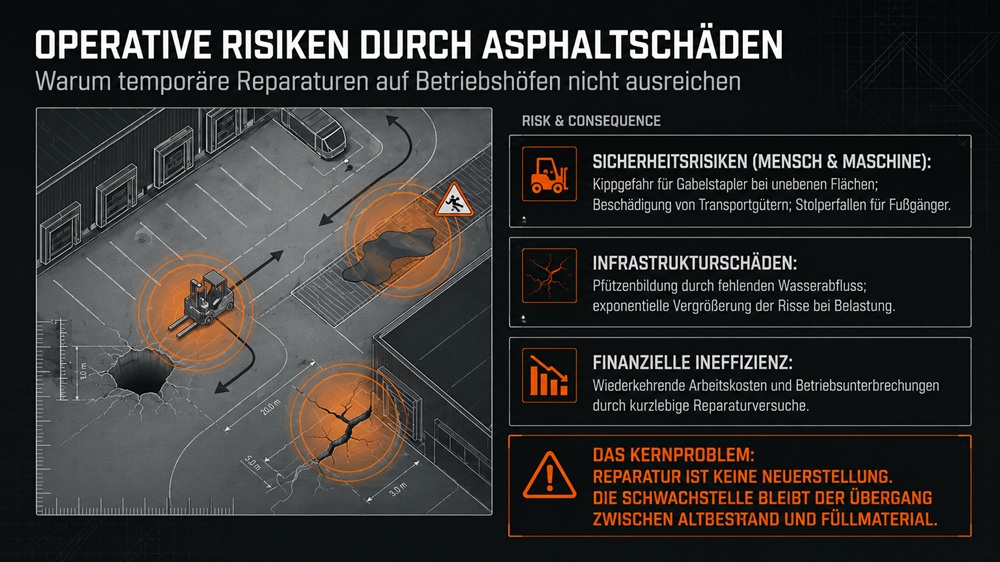 Infografik zu operativen Risiken durch Asphaltschäden auf Betriebshöfen: Gabelstapler zwischen Schlaglöchern auf einer Verladefläche, mit Sicherheitsrisiken, Infrastrukturschäden und Folgekosten temporärer Reparaturen.